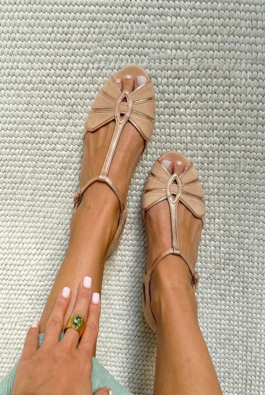 Inés™ - Sandalias peep-toe retro con correa en T - Oro rosado