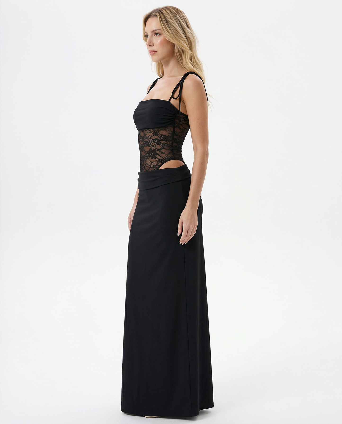VESTIDO LARGO CON PANEL DE ENCAJE Y CORTE ENTALLADO