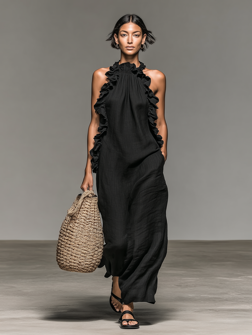 Lucía | Vestido largo sin mangas con volantes y bolsillos