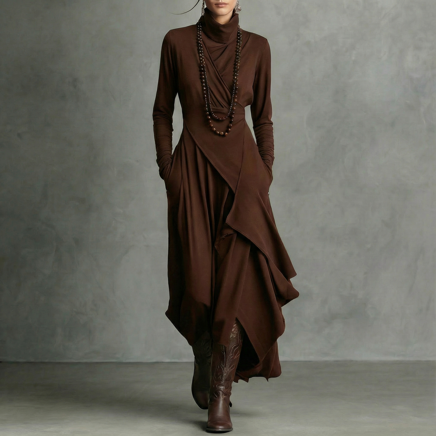 VESTIDO MIDI ASIMÉTRICO DE CUELLO ALTO