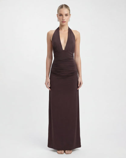 VESTIDO LARGO HALTER CON ESPALDA DESCUBIERTA