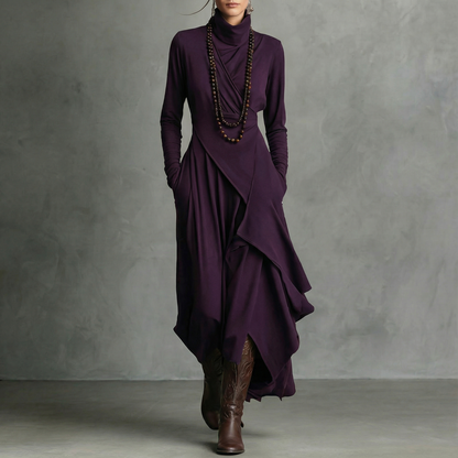 VESTIDO MIDI ASIMÉTRICO DE CUELLO ALTO