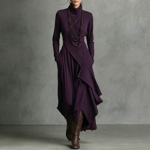 VESTIDO MIDI ASIMÉTRICO DE CUELLO ALTO