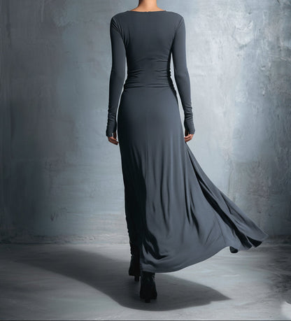 VESTIDO LARGO DRAPEADO CON NUDO LATERAL