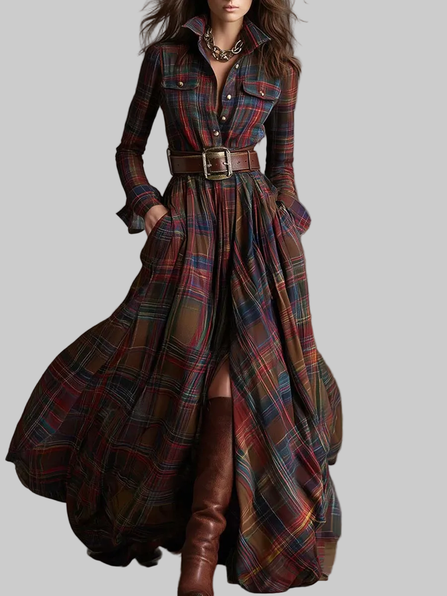 VESTIDO CAMISERO LARGO CUADROS CON CINTURÓN