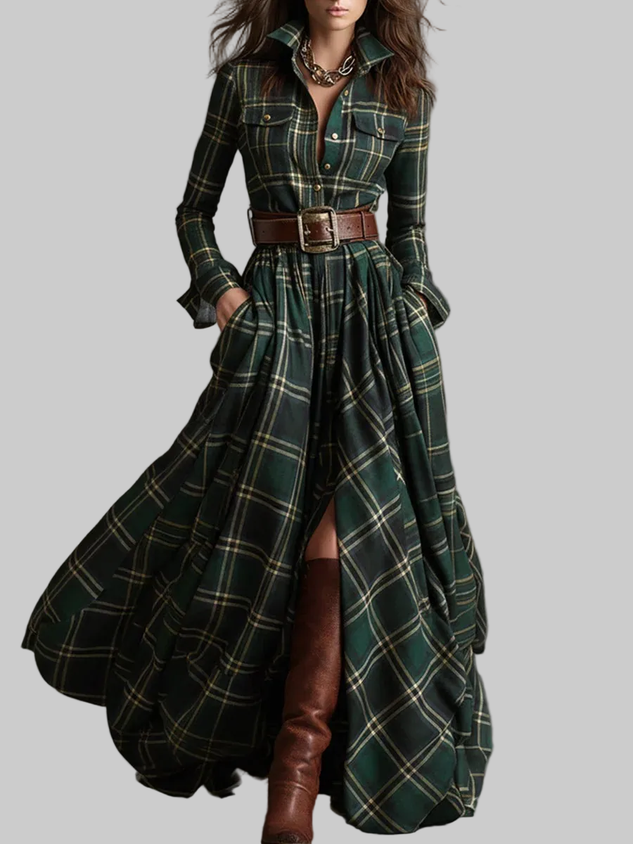 VESTIDO CAMISERO LARGO CUADROS CON CINTURÓN