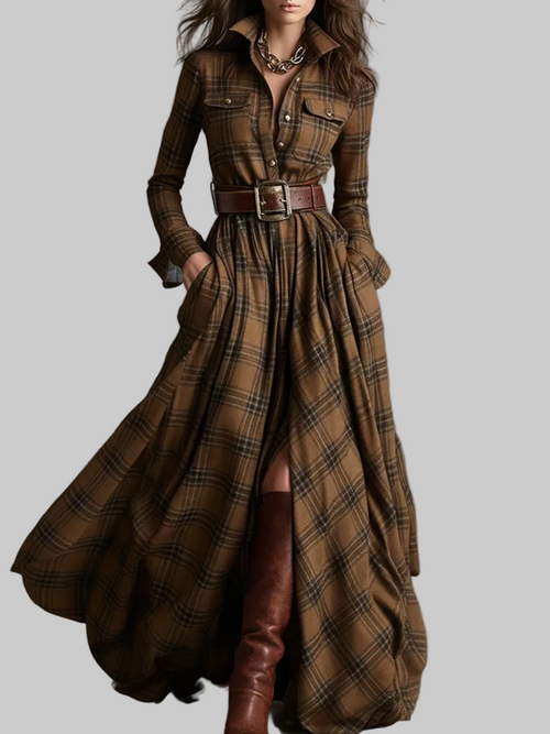 VESTIDO CAMISERO LARGO CUADROS CON CINTURÓN