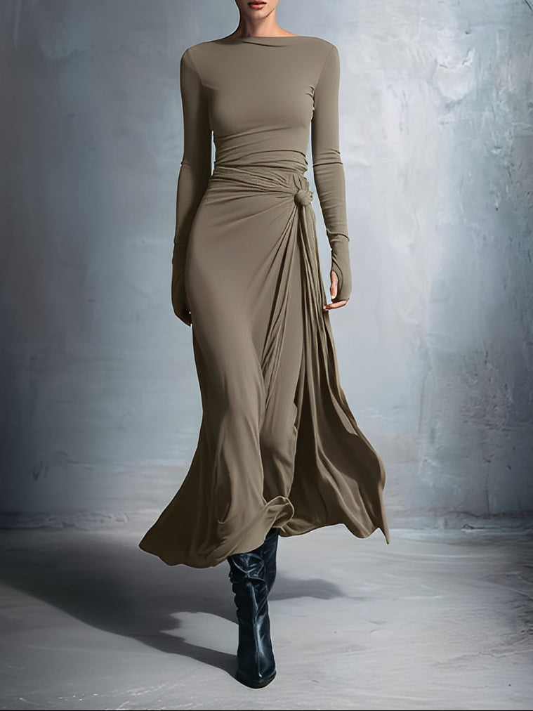 VESTIDO LARGO DRAPEADO CON NUDO LATERAL