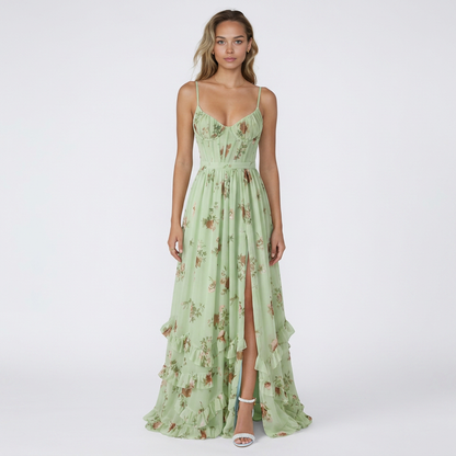 VERONICA - VESTIDO MAXI CON ESCOTE EN V Y VOLANTES