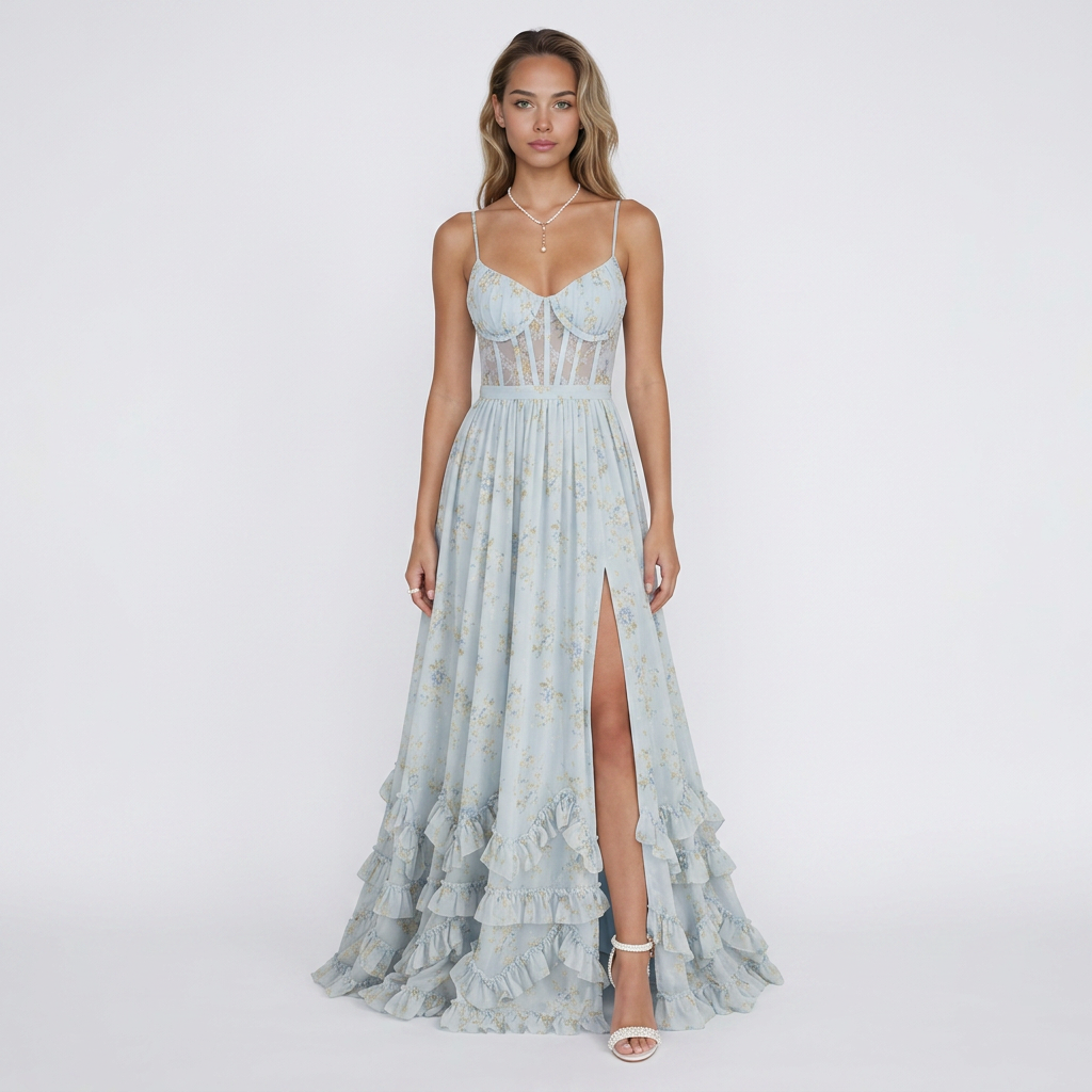 VERONICA - VESTIDO MAXI CON ESCOTE EN V Y VOLANTES