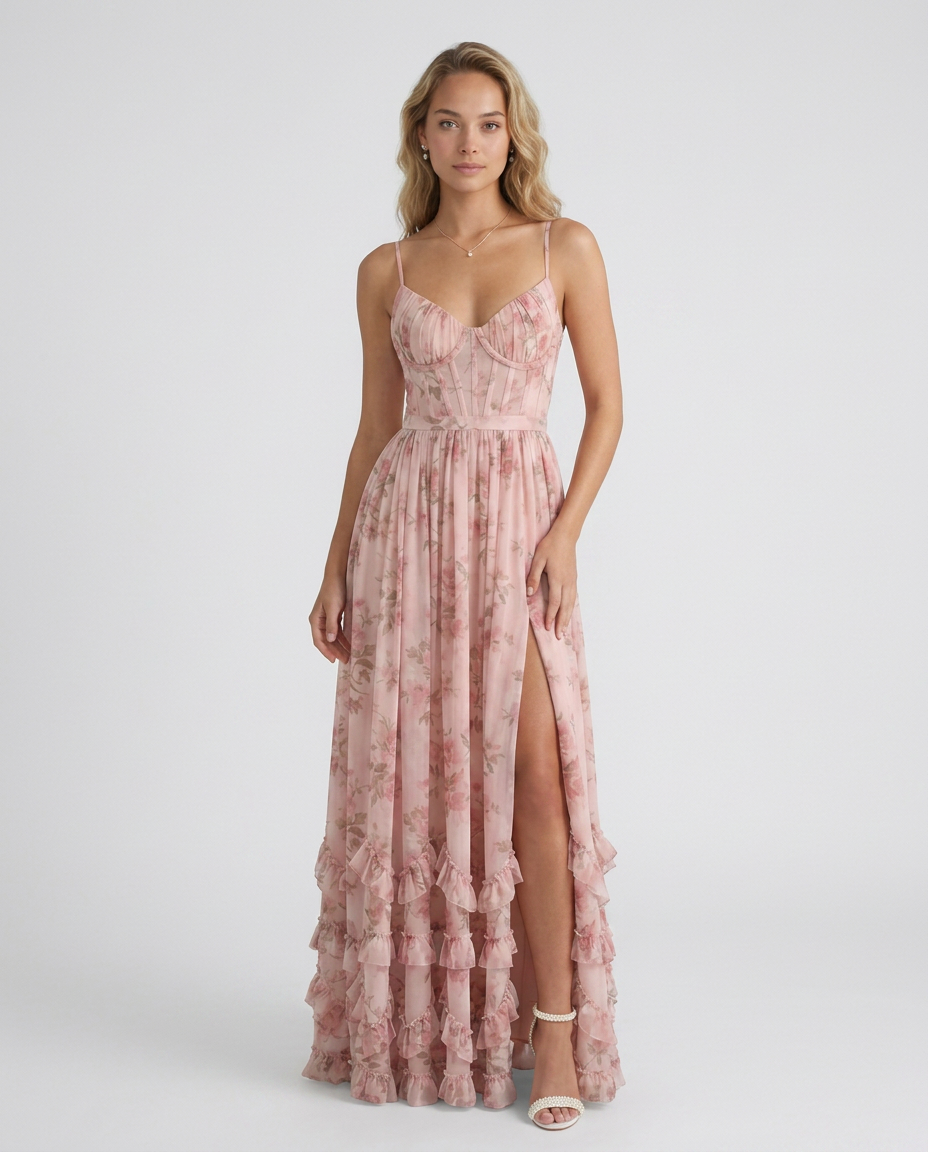 VERONICA - VESTIDO MAXI CON ESCOTE EN V Y VOLANTES