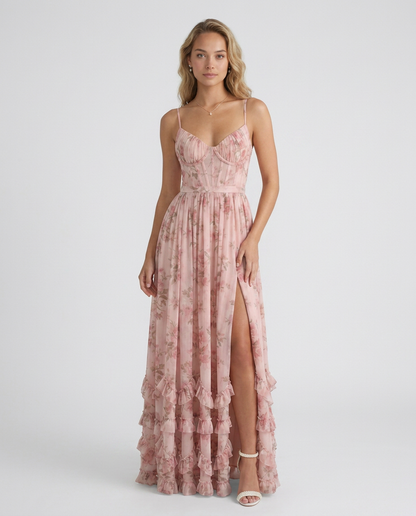VERONICA - VESTIDO MAXI CON ESCOTE EN V Y VOLANTES